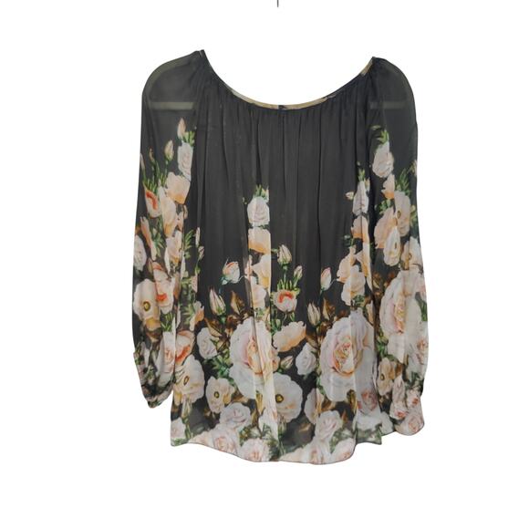 Belle France Women's Sz M Grey Pink Floral V Neck Silk Long Sleeve Top Sheer - Picture 7 of 7